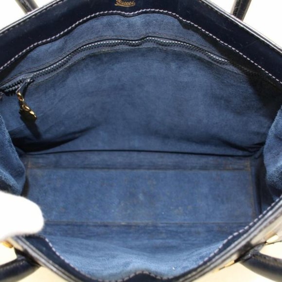 Gucci Navy Blue Leather Horse-bit Top Handle Satchel W Gold Horseshoe Accents - Picture 8 of 11
